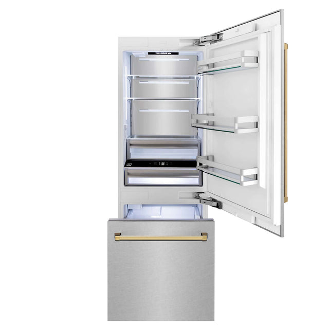 ZLINE Autograph Edition 30 in. 16.1 cu. ft. Built-in 2-Door Bottom Freezer Refrigerator with Internal Water and Ice Dispenser in Fingerprint Resistant Stainless Steel with Polished Gold Accents (RBIVZ-SN-30-G)