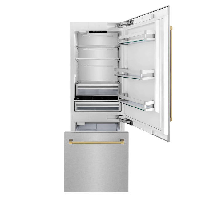 ZLINE Autograph Edition 30 in. 16.1 cu. ft. Built-in 2-Door Bottom Freezer Refrigerator with Internal Water and Ice Dispenser in Fingerprint Resistant Stainless Steel with Polished Gold Accents (RBIVZ-SN-30-G)
