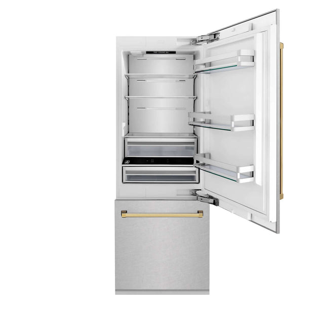 ZLINE Autograph Edition 30 in. 16.1 cu. ft. Built-in 2-Door Bottom Freezer Refrigerator with Internal Water and Ice Dispenser in Fingerprint Resistant Stainless Steel with Polished Gold Accents (RBIVZ-SN-30-G)