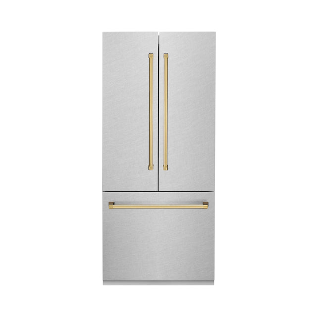 ZLINE Autograph Edition 36 in. 19.6 cu. ft. Built-in 2-Door Bottom Freezer Refrigerator with Internal Water and Ice Dispenser in Fingerprint Resistant Stainless Steel with Polished Gold Accents (RBIVZ-SN-36-G)