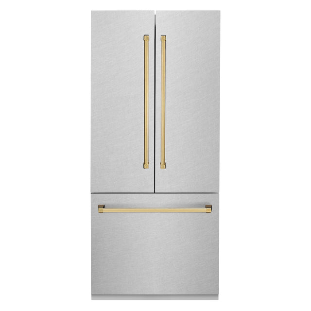 ZLINE Autograph Edition 36 in. 19.6 cu. ft. Built-in 2-Door Bottom Freezer Refrigerator with Internal Water and Ice Dispenser in Fingerprint Resistant Stainless Steel with Polished Gold Accents (RBIVZ-SN-36-G)