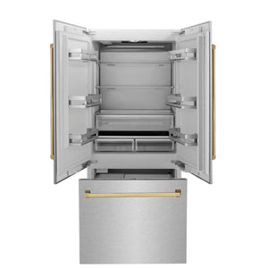 ZLINE Autograph Edition 36 in. 19.6 cu. ft. French Door Built-In Bottom Freezer Refrigerator with Water Dispenser and Ice Maker in DuraSnow® Stainless Steel with Polished Gold Accents (RBIVZ-SN-36-G)
