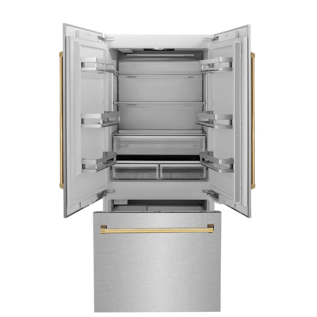 ZLINE Autograph Edition 36 in. 19.6 cu. ft. Built-in 2-Door Bottom Freezer Refrigerator with Internal Water and Ice Dispenser in Fingerprint Resistant Stainless Steel with Polished Gold Accents (RBIVZ-SN-36-G)