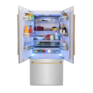 ZLINE Autograph Edition 36 in. 19.6 cu. ft. French Door Built-In Bottom Freezer Refrigerator with Water Dispenser and Ice Maker in DuraSnow® Stainless Steel with Polished Gold Accents (RBIVZ-SN-36-G)