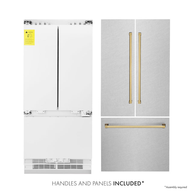 ZLINE Autograph Edition 36 in. 19.6 cu. ft. Built-in 2-Door Bottom Freezer Refrigerator with Internal Water and Ice Dispenser in Fingerprint Resistant Stainless Steel with Polished Gold Accents (RBIVZ-SN-36-G)
