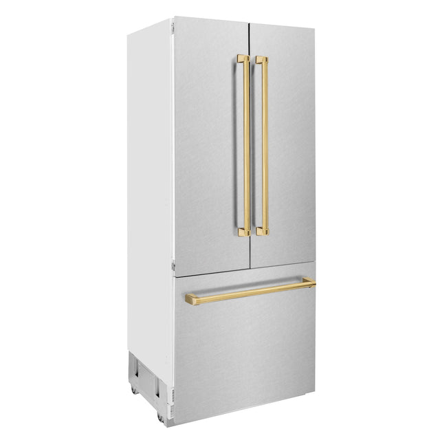 ZLINE Autograph Edition 36 in. 19.6 cu. ft. Built-in 2-Door Bottom Freezer Refrigerator with Internal Water and Ice Dispenser in Fingerprint Resistant Stainless Steel with Polished Gold Accents (RBIVZ-SN-36-G)