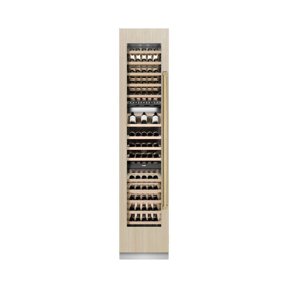 ZLINE Autograph Edition 18 in. 9.0 cu. ft. Triple Zone 68 Bottle Panel Ready Left Hinge Column Wine Cooler with Polished Gold Accents (RBCWVLZ-18-G)