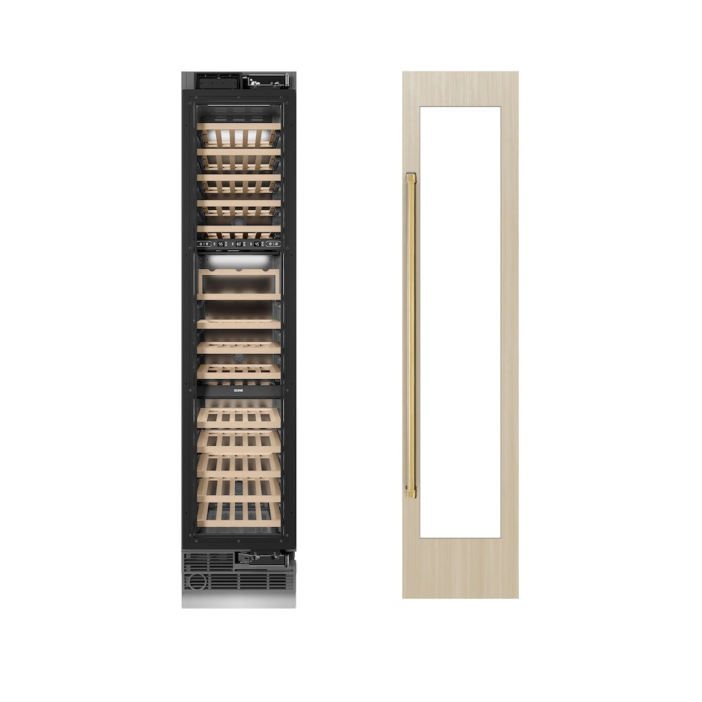 ZLINE Autograph Edition 18 in. 9.0 cu. ft. Triple Zone 68 Bottle Panel Ready Right Hinge Column Wine Cooler with Polished Gold Accents (RBCWVRZ-18-G)