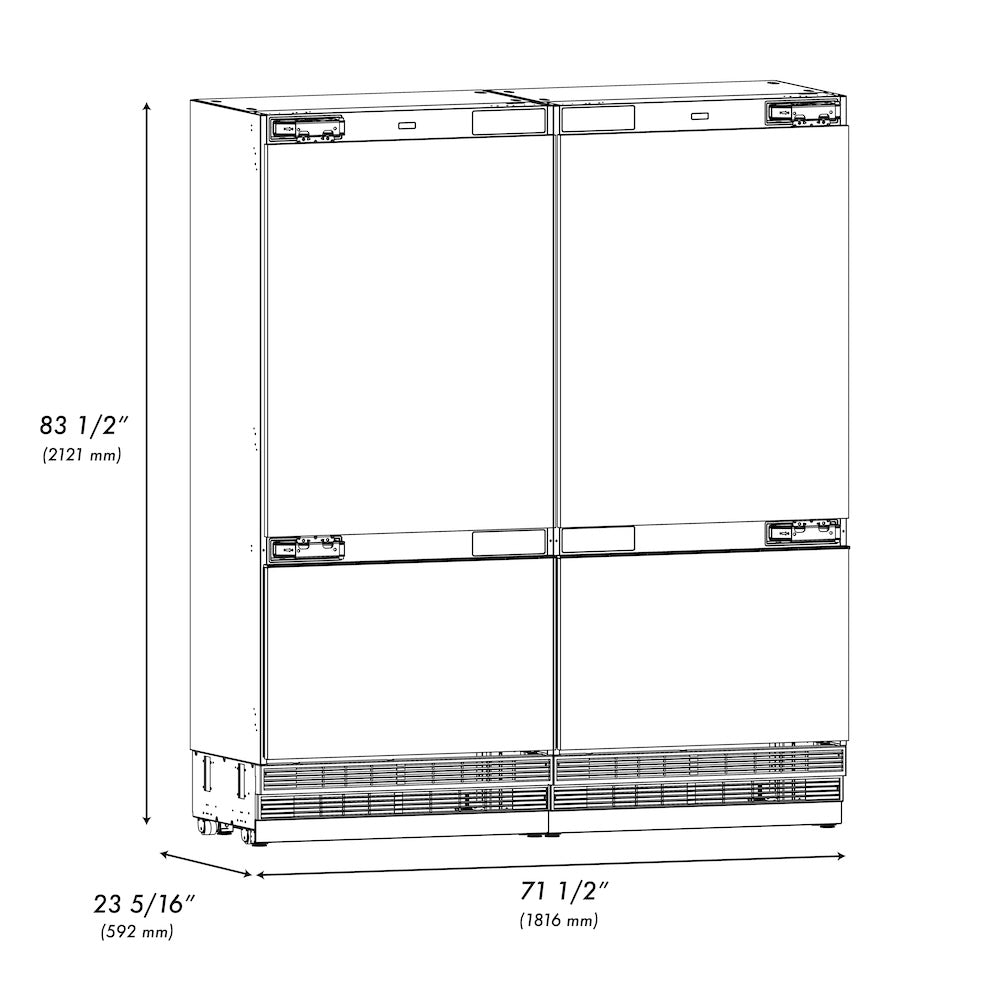 ZLINE 72 in. 39.6 cu. ft. Panel Ready French Door Built-In Bottom Freezer Refrigerator with Water Dispensers and Ice Makers with Graphite Gray Interior (GRBIT-72)