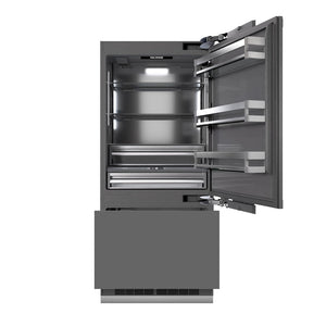 ZLINE Autograph Edition 36 in. 19.8 cu. ft. Panel Ready Built-In Bottom Freezer Refrigerator with Water Dispenser and Ice Maker with Graphite Gray Interior and Champagne Bronze Accents (GRBITZ-36-CB)