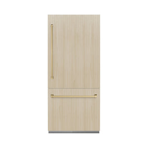 ZLINE Autograph Edition 36 in. 19.8 cu. ft. Panel Ready Built-In Bottom Freezer Refrigerator with Water Dispenser and Ice Maker with Graphite Gray Interior and Champagne Bronze Accents (GRBITZ-36-CB)