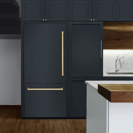 ZLINE Autograph Edition 36 in. 19.8 cu. ft. Panel Ready Built-In Bottom Freezer Refrigerator with Water Dispenser and Ice Maker with Graphite Gray Interior and Polished Gold Accents (GRBITZ-36-G)