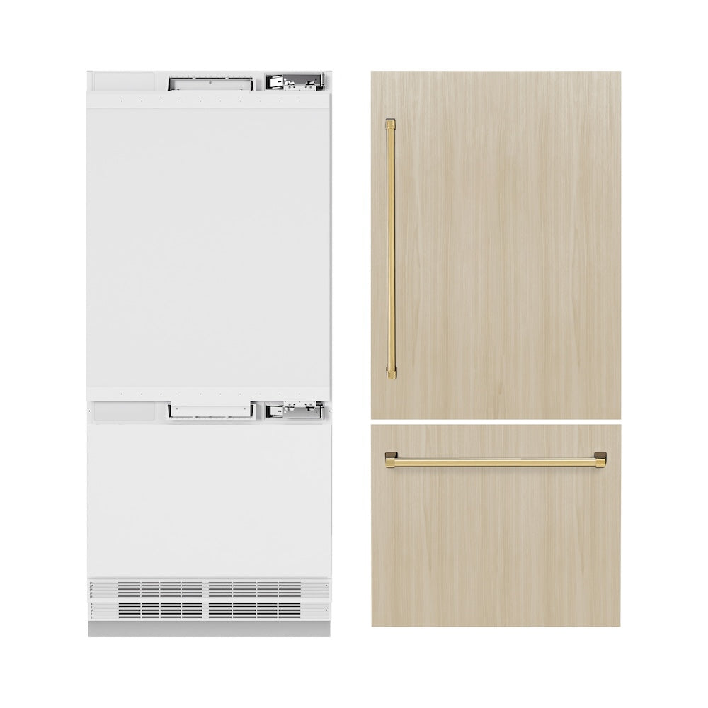 ZLINE Autograph Edition 36 in. 19.8 cu. ft. Panel Ready Built-In Bottom Freezer Refrigerator with Water Dispenser and Ice Maker with Polished Gold Accents (RBITZ-36-G)
