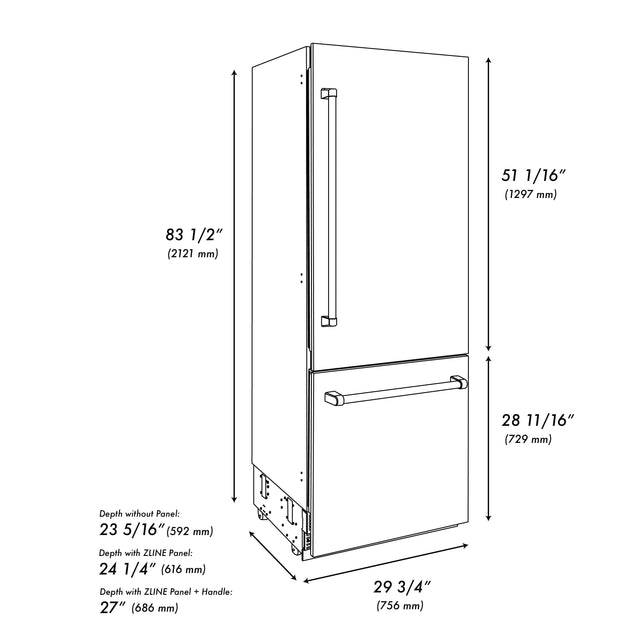 ZLINE 30 in. 16.1 cu. ft. Built-in 2-Door Bottom Freezer Refrigerator with Internal Water and Ice Dispenser in White Matte (RBIV-WM-30)