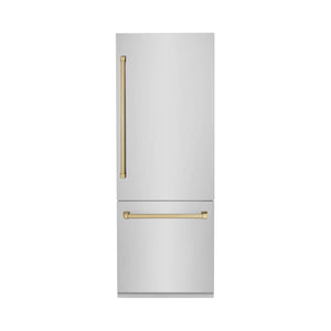 ZLINE Autograph Edition 30 in. 16.1 cu. ft. Built-In Bottom Freezer Refrigerator with Water Dispenser and Ice Maker in Stainless Steel with Champagne Bronze Accents (RBIVZ-304-30-CB)