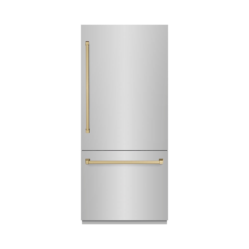 ZLINE Autograph Edition 36 in. 19.8 cu. ft. Built-In Bottom Freezer Refrigerator with Water Dispenser and Ice Maker in Stainless Steel with Graphite Gray Interior and Champagne Bronze Accents (GRBITZ-304-36CB)