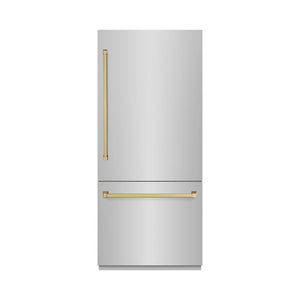 ZLINE Autograph Edition 36 in. 19.8 cu. ft. Built-In Bottom Freezer Refrigerator with Water Dispenser and Ice Maker in Stainless Steel with Graphite Gray Interior and Champagne Bronze Accents (GRBITZ-304-36CB)