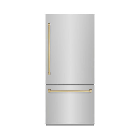 ZLINE Autograph Edition 36 in. 19.8 cu. ft. Built-In Bottom Freezer Refrigerator with Water Dispenser and Ice Maker in Stainless Steel with Graphite Gray Interior and Champagne Bronze Accents (GRBITZ-304-36CB)