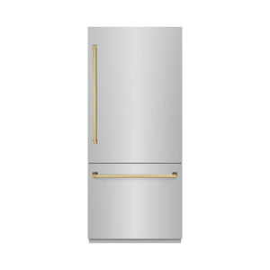 ZLINE Autograph Edition 36 in. 19.8 cu. ft. Built-In Bottom Freezer Refrigerator with Water Dispenser and Ice Maker in Stainless Steel with Graphite Gray Interior and Polished Gold Accents (GRBITZ-304-36G)