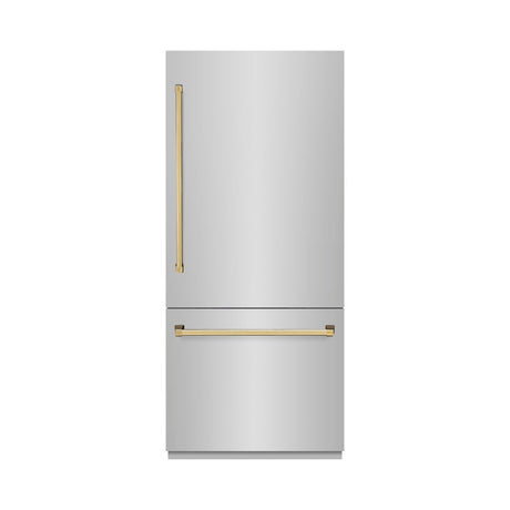 ZLINE Autograph Edition 36 in. 19.8 cu. ft. Built-In Bottom Freezer Refrigerator with Water Dispenser and Ice Maker in Stainless Steel with Graphite Gray Interior and Polished Gold Accents (GRBITZ-304-36G)