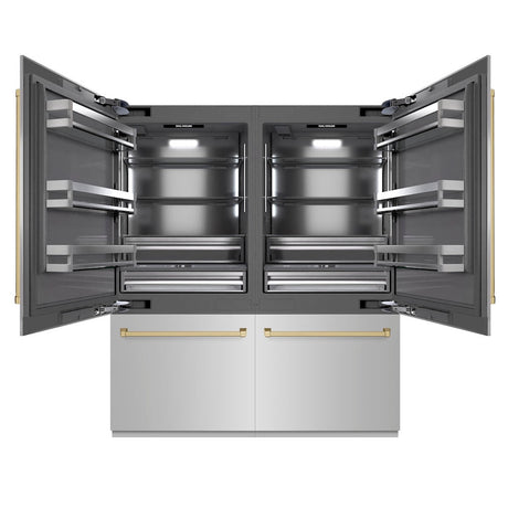 ZLINE Autograph Edition 72 in. 39.6 cu. ft. French Door Built-In Bottom Freezer Refrigerator with Water Dispensers and Ice Makers in Stainless Steel with Graphite Gray Interior and Champagne Bronze Accents (GRBITZ-304-72CB)