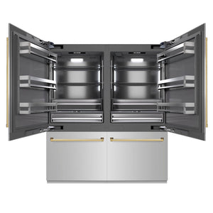 ZLINE Autograph Edition 72 in. 39.6 cu. ft. French Door Built-In Bottom Freezer Refrigerator with Water Dispensers and Ice Makers in Stainless Steel with Graphite Gray Interior and Polished Gold Accents (GRBITZ-304-72G)
