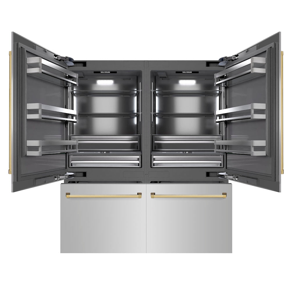 ZLINE Autograph Edition 72 in. 39.6 cu. ft. French Door Built-In Bottom Freezer Refrigerator with Water Dispensers and Ice Makers in Stainless Steel with Graphite Gray Interior and Polished Gold Accents (GRBITZ-304-72G)