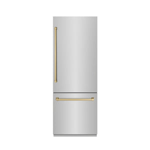 ZLINE Autograph Edition 30 in. 16.1 cu. ft. Built-In Bottom Freezer Refrigerator with Water Dispenser and Ice Maker in Stainless Steel with Graphite Gray Interior and Champagne Bronze Accents (GRBIVZ-304-30CB)