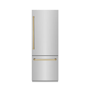 ZLINE Autograph Edition 30 in. 16.1 cu. ft. Built-In Bottom Freezer Refrigerator with Water Dispenser and Ice Maker in Stainless Steel with Graphite Gray Interior and Polished Gold Accents (GRBIVZ-304-30G)
