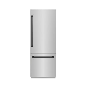 ZLINE Autograph Edition 30 in. 16.1 cu. ft. Built-In Bottom Freezer Refrigerator with Water Dispenser and Ice Maker in Stainless Steel with Graphite Gray Interior and Matte Black Accents (GRBIVZ-304-30MB)