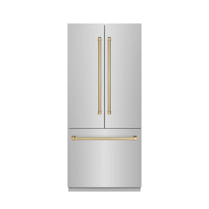 ZLINE Autograph Edition 36 in. 19.6 cu. ft. French Door Built-In Bottom Freezer Refrigerator with Water Dispenser and Ice Maker in Stainless Steel with Graphite Gray Interior and Champagne Bronze Accents (GRBIVZ-304-36CB)