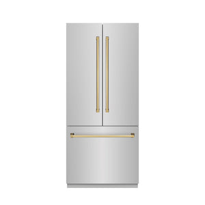ZLINE Autograph Edition 36 in. 19.6 cu. ft. French Door Built-In Bottom Freezer Refrigerator with Water Dispenser and Ice Maker in Stainless Steel with Graphite Gray Interior and Polished Gold Accents (GRBIVZ-304-36G)