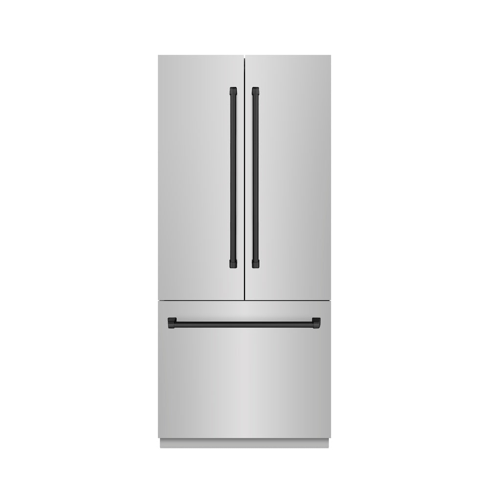 ZLINE Autograph Edition 36 in. 19.6 cu. ft. French Door Built-In Bottom Freezer Refrigerator with Water Dispenser and Ice Maker in Stainless Steel with Graphite Gray Interior and Matte Black Accents (GRBIVZ-304-36MB)