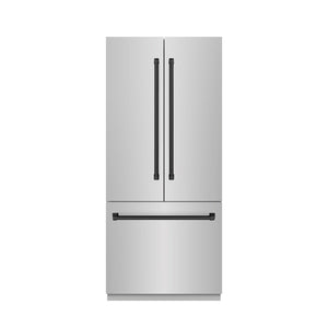 ZLINE Autograph Edition 36 in. 19.6 cu. ft. French Door Built-In Bottom Freezer Refrigerator with Water Dispenser and Ice Maker in Stainless Steel with Graphite Gray Interior and Matte Black Accents (GRBIVZ-304-36MB)