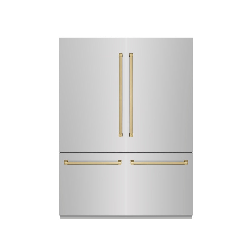 ZLINE Autograph Edition 60 in. 32.2 cu. ft. French Door Built-In Bottom Freezer Refrigerator with Water Dispenser and Ice Maker in Stainless Steel with Graphite Gray Interior and Champagne Bronze Accents (GRBIVZ-304-60CB)