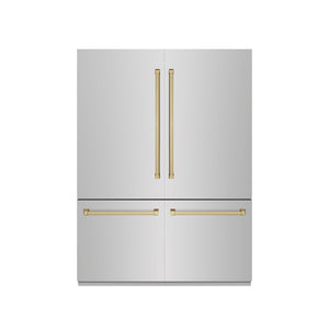 ZLINE Autograph Edition 60 in. 32.2 cu. ft. French Door Built-In Bottom Freezer Refrigerator with Water Dispenser and Ice Maker in Stainless Steel with Graphite Gray Interior and Champagne Bronze Accents (GRBIVZ-304-60CB)