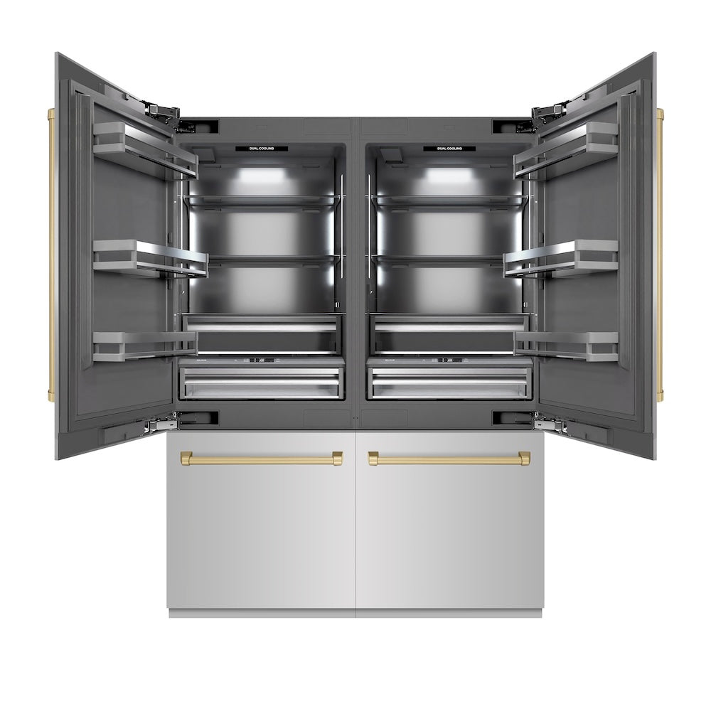 ZLINE Autograph Edition 60 in. 32.2 cu. ft. French Door Built-In Bottom Freezer Refrigerator with Water Dispenser and Ice Maker in Stainless Steel with Graphite Gray Interior and Champagne Bronze Accents (GRBIVZ-304-60CB)