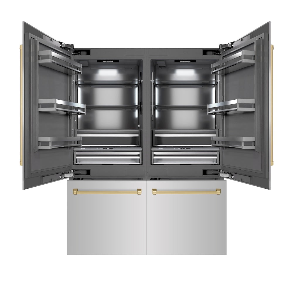 ZLINE Autograph Edition 60 in. 32.2 cu. ft. French Door Built-In Bottom Freezer Refrigerator with Water Dispenser and Ice Maker in Stainless Steel with Graphite Gray Interior and Champagne Bronze Accents (GRBIVZ-304-60CB)