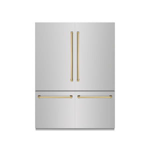 ZLINE Autograph Edition 60 in. 32.2 cu. ft. French Door Built-In Bottom Freezer Refrigerator with Water Dispenser and Ice Maker in Stainless Steel with Graphite Gray Interior and Polished Gold Accents (GRBIVZ-304-60G)