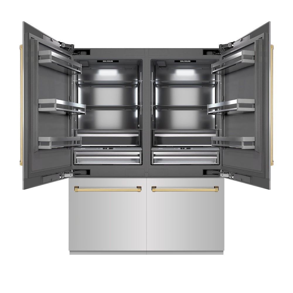 ZLINE Autograph Edition 60 in. 32.2 cu. ft. French Door Built-In Bottom Freezer Refrigerator with Water Dispenser and Ice Maker in Stainless Steel with Graphite Gray Interior and Polished Gold Accents (GRBIVZ-304-60G)