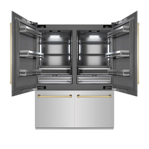 ZLINE Autograph Edition 60 in. 32.2 cu. ft. French Door Built-In Bottom Freezer Refrigerator with Water Dispenser and Ice Maker in Stainless Steel with Graphite Gray Interior and Polished Gold Accents (GRBIVZ-304-60G)