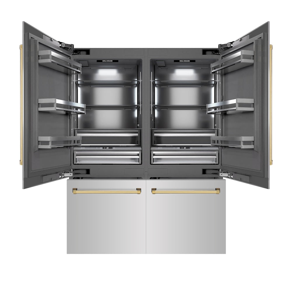ZLINE Autograph Edition 60 in. 32.2 cu. ft. French Door Built-In Bottom Freezer Refrigerator with Water Dispenser and Ice Maker in Stainless Steel with Graphite Gray Interior and Polished Gold Accents (GRBIVZ-304-60G)