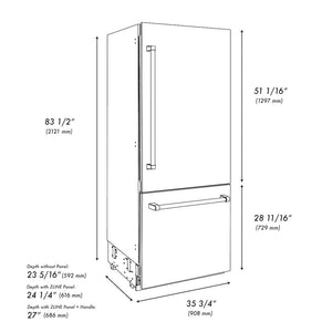 ZLINE Autograph Edition 36 in. 19.8 cu. ft. Built-In Bottom Freezer Refrigerator with Water Dispenser and Ice Maker in Stainless Steel with Polished Gold Accents (RBITZ-304-36G)