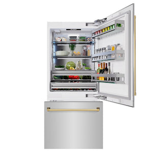 ZLINE Autograph Edition 36 in. 19.8 cu. ft. Built-In Bottom Freezer Refrigerator with Water Dispenser and Ice Maker in Stainless Steel with Polished Gold Accents (RBITZ-304-36G)
