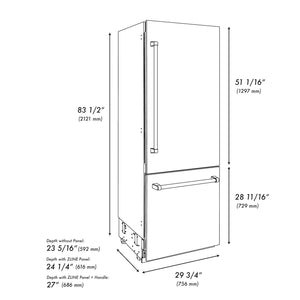 ZLINE Autograph Edition 30 in. 16.1 cu. ft. Built-In Bottom Freezer Refrigerator with Water Dispenser and Ice Maker in Stainless Steel with Polished Gold Accents (RBIVZ-304-30-G)