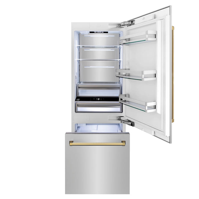 ZLINE Autograph Edition 30 in. 16.1 cu. ft. Built-in 2-Door Bottom Freezer Refrigerator with Internal Water and Ice Dispenser in Stainless Steel with Polished Gold Accents (RBIVZ-304-30-G)