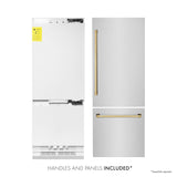 ZLINE Autograph Edition 30 in. 16.1 cu. ft. Built-in 2-Door Bottom Freezer Refrigerator with Internal Water and Ice Dispenser in Stainless Steel with Polished Gold Accents (RBIVZ-304-30-G)