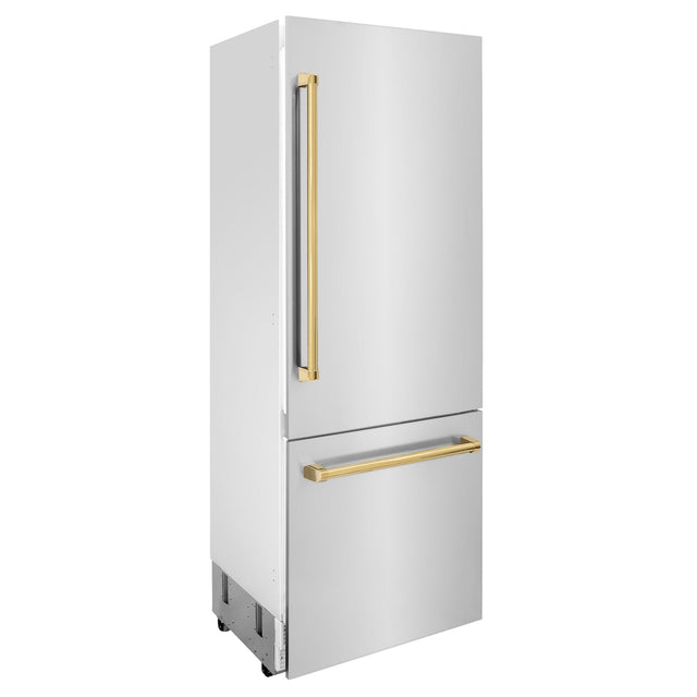 ZLINE Autograph Edition 30 in. 16.1 cu. ft. Built-in 2-Door Bottom Freezer Refrigerator with Internal Water and Ice Dispenser in Stainless Steel with Polished Gold Accents (RBIVZ-304-30-G)