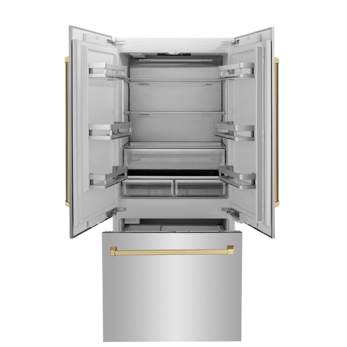 ZLINE Autograph Edition 36 in. 19.6 cu. ft. French Door Built-In Bottom Freezer Refrigerator with Water Dispenser and Ice Maker in Stainless Steel with Champagne Bronze Accents (RBIVZ-304-36-CB)