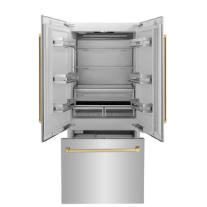 ZLINE Autograph Edition 36 in. 19.6 cu. ft. French Door Built-In Bottom Freezer Refrigerator with Water Dispenser and Ice Maker in Stainless Steel with Champagne Bronze Accents (RBIVZ-304-36-CB)
